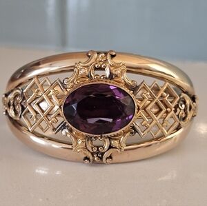 Massive Antique Victorian 14k Yellow Gold Filled Amethyst Hinged Bangle Bracelet